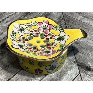 Vintage Floral Ceramic Tea Strainer W/ Saucer Hand-Painted Made In Japan 3"